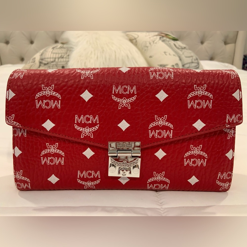 MCM RV white logo ruby red small crossbody